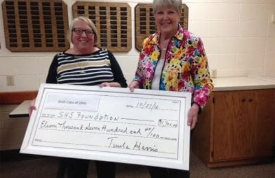Tuula Harris (r),1966 class reunion organizer presented Nancy Pedersen (l), School District of Superior Scholarship Foundation Executive Director with a check for $11,700 at a recent Scholarship Board meeting. | Explore Superior