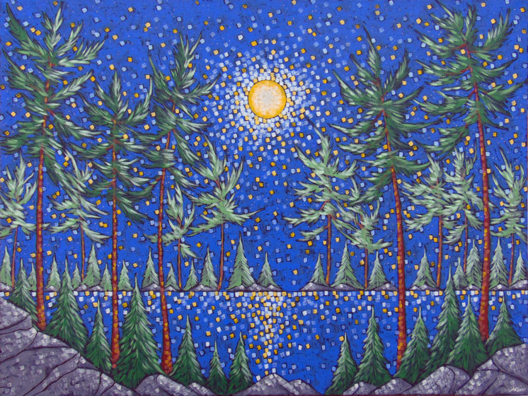 Painting of a yellow moon reflecting off a lake surrounded by pine trees