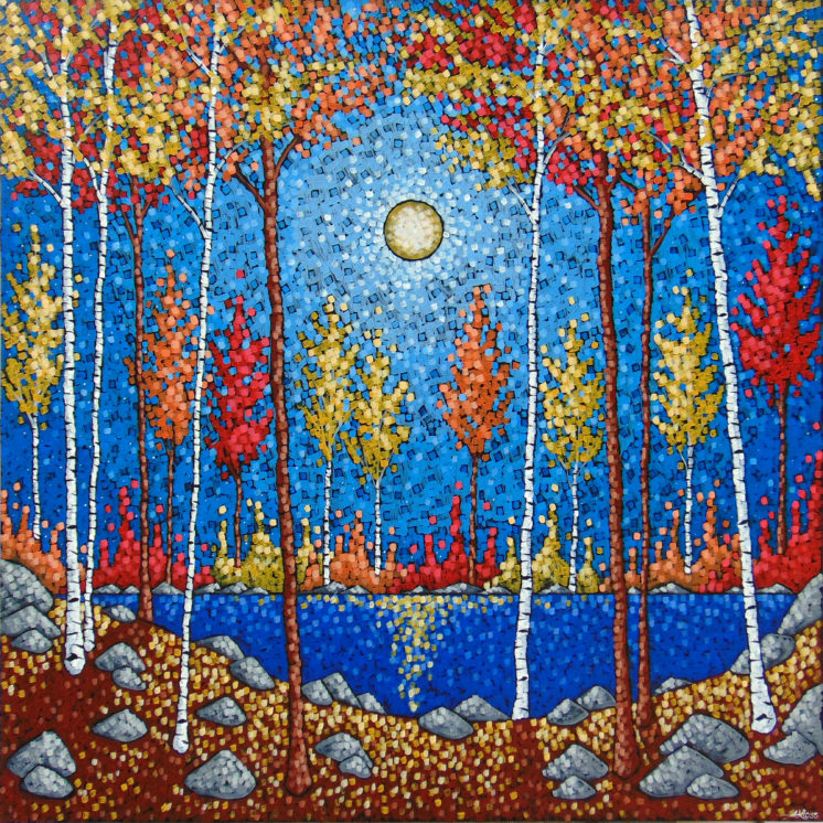 Painting of the moon shining above a lake surrounded by colorful autumn trees