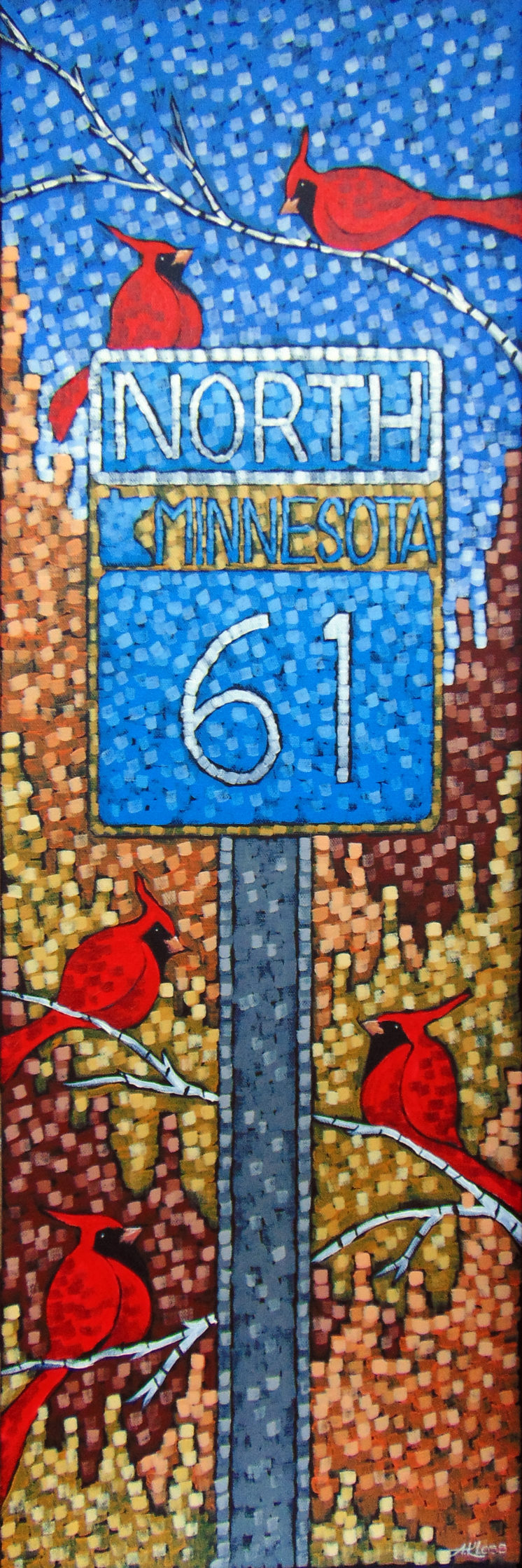 Painting of a flock of red cardinals perched near a Minnesota Highway 61 sign
