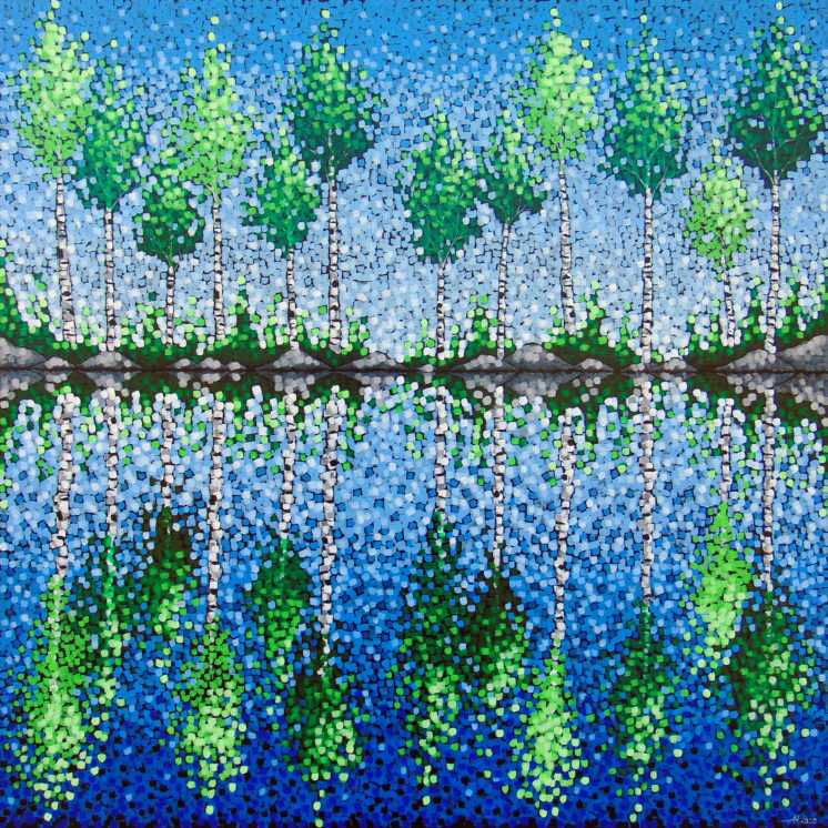 A painting of birch trees reflecting their green leaves into the water