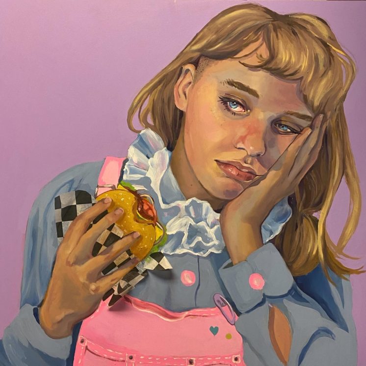 Painting of a sad girl resting her head in one hand and holding a burger in the other